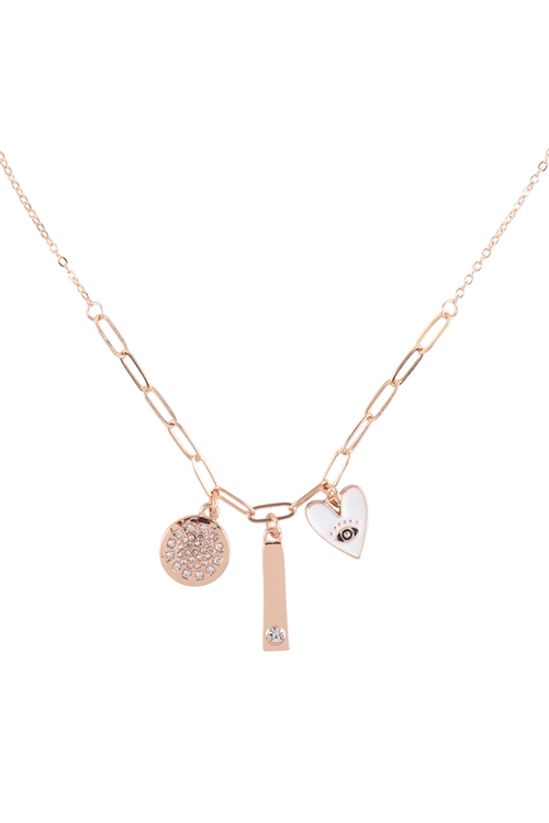 S1-6-4-ONB079GDWHT - DISK HEART BAR CUBIC MULTI PENDANT CHARM NECKLACE - GOLD WHITE/1PC