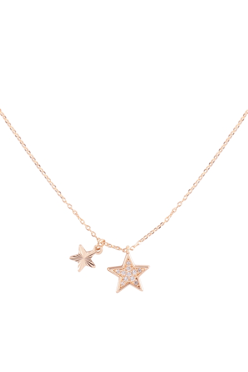 S1-7-2-ONB100GDCRY - CUBIC ZIRCONIA 2 STAR PENDANT CHARM BRASS NECKLACE-GOLD CRYSTAL/1PC