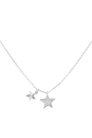 S1-7-2-ONB100RHCRY - CUBIC ZIRCONIA 2 STAR PENDANT CHARM BRASS NECKLACE-SILVER CRYSTAL/1PC