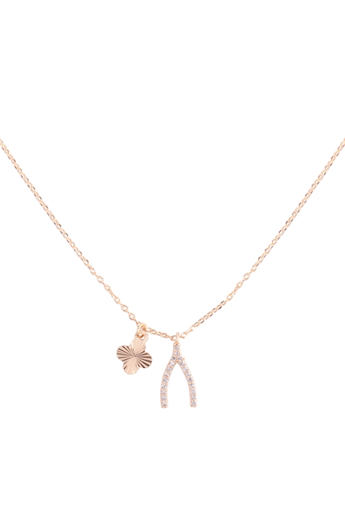 S1-7-2-ONB103GDCRY - CUBIC ZIRCONIA WISHBONE AND CLOVER PENDANT BRASS NECKLACE - GOLD CRYSTAL/1PC