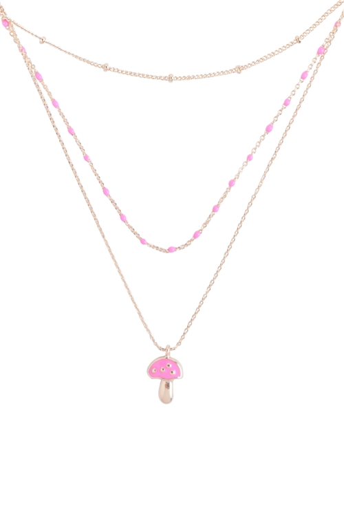 A3-3-2-ONC010GDHPK - MUSHROOM PENDANT WITH COLORED LAYERED NECKLACE-HOT PINK/6PCS