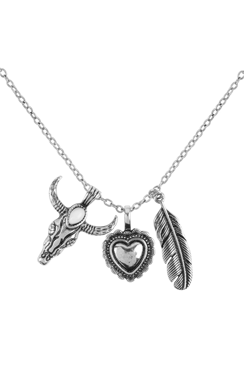 S1-1-3-ONC029BSTUQ -  WESTERN BUFFALO HEART FEATHER CLUSTER PENDANT NECKLACE-BURNISH SILVER/6PCS