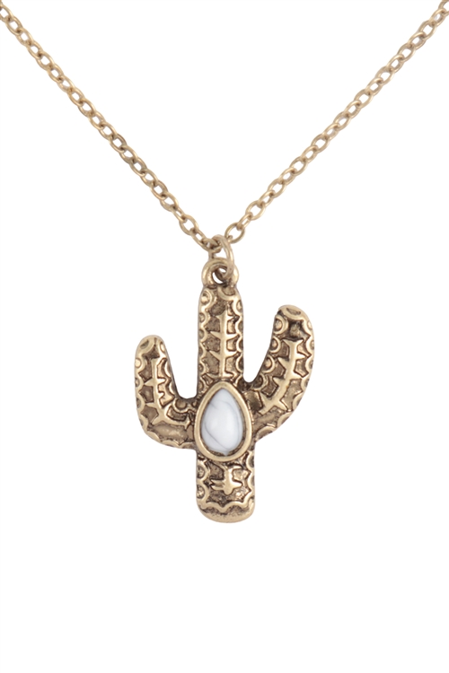 A3-3-2-ONC031BGWHT - WESTERN CACTUS W/ NATURAL STONE PENDANT NECKLACE-GOLD WHITE/6PCS