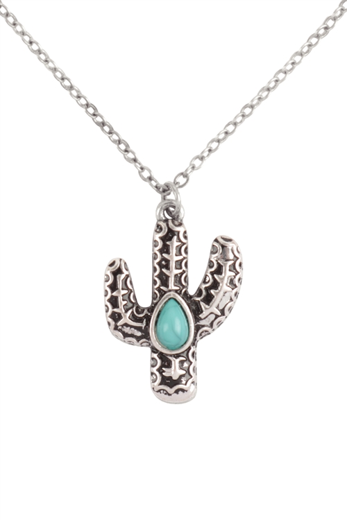 A3-3-2-ONC031BSTUQ - WESTERN CACTUS W/ NATURAL STONE PENDANT NECKLACE-SILVER TURQUIOSE/6PCS