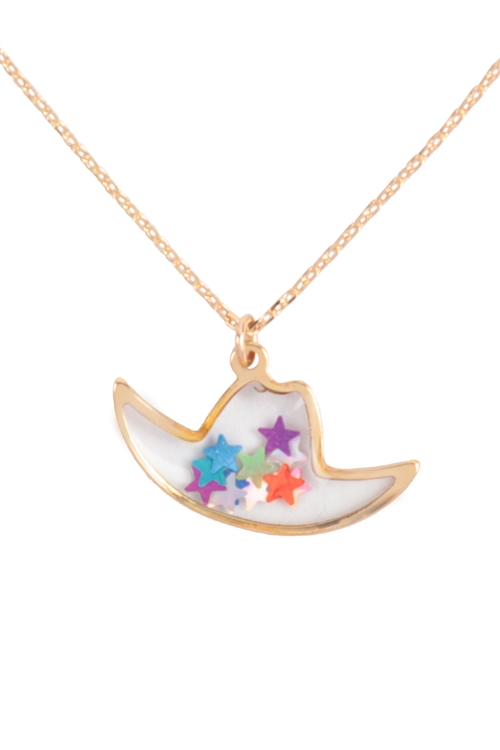 A3-1-3-ONC111GDMLT - STAR WESTERN HAT ACRYLIC PENDANT NECKLACE-GOLD MULTICOLOR/1PC