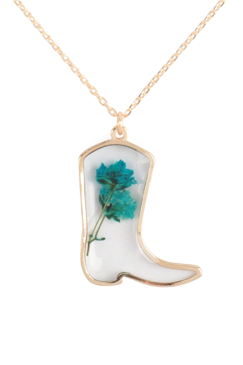 A2-1-5-ONC114GDBLE - DRY FLOWER WESTERN BOOT ACRYLIC PENDANT NECKLACE-GOLD BLUE/6PCS