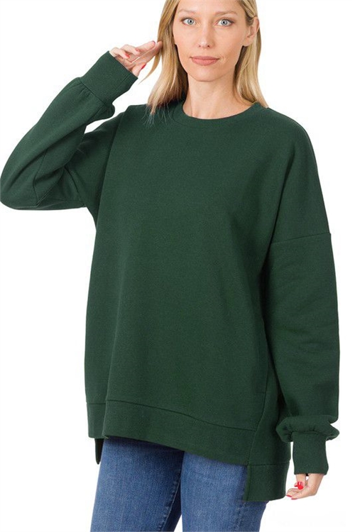 S16-6-3-OT-2831-DKGN-1 - LONG SLEEVE ROUND NECK HI-LOW HEM SWEATSHIRTS - DARK GREEN 0-0-0-3