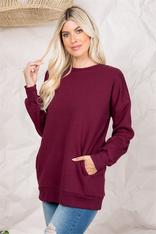 S10-4-1-OT-35021-DKBU - LONG SLEEVE ROUND NECK SWEATSHIRT SIDE POCKETS- DARK BURGUNDY 1-1-2-2