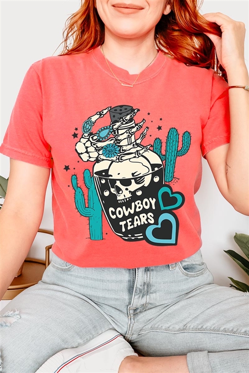 PO-OU1690-E2313-FLA - COWBOY TEARS SKULL WESTERN GRAPHIC GARMENT DYED T SHIRTS- Flamingo-2-2-2-2