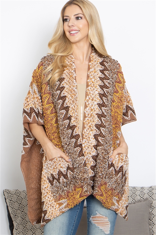 S13-11-3-P6039BROWN-CN525656-BOHEMIAN  MULTI COLOR WAVE PATTER KIMONO WITH POCKET/2PCS (NOW $12.75 ONLY!)