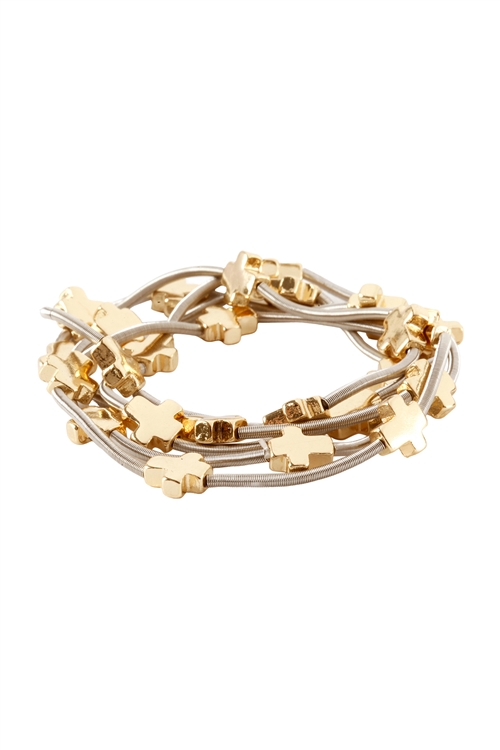 SA4-2-2-PB1406GNR - SPRINGWIRE CROSS ELASTIC BRACELET - GOLD SILVER/6PCS