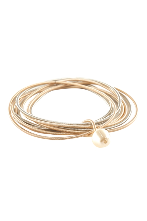 S7-6-2-PB1458GNRCRM - FRESHWATER PEARL SPRINGWIRE ELASTIC BRACELET - GOLD SILVER CREAM/6PCS