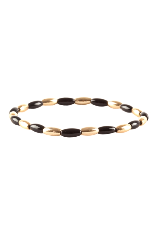 S6-6-2-PB1540GDBLK - METAL COLORCOATING  OVAL BEADS ELASTIC BRACELET - GOLD BLACK/6PCS