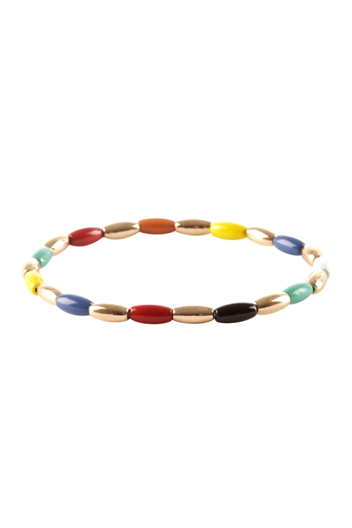 S6-6-2-PB1540GDMLT - METAL COLORCOATING  OVAL BEADS ELASTIC BRACELET - GOLD MULTICOLOR/6PCS