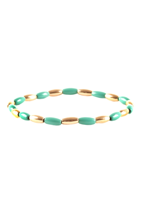 S6-6-2-PB1540GDTQS -  METAL COLORCOATING  OVAL BEADS ELASTIC BRACELET - GOLD TURQUOISE/6PCS