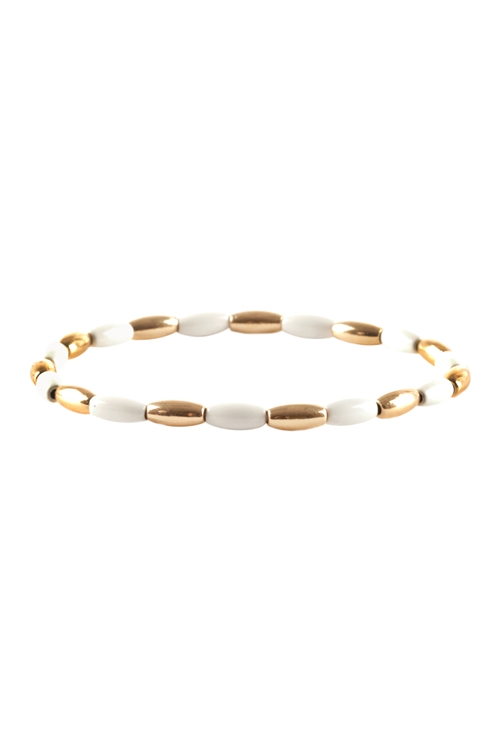 S6-6-2-PB1540GDWHT -  METAL COLORCOATING  OVAL BEADS ELASTIC BRACELET - GOLD WHITE/6PCS