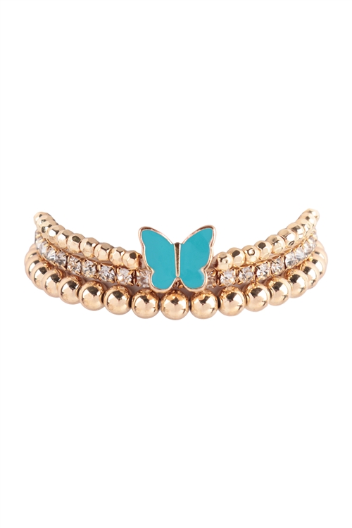 A2-1-2-PB1616GDTQS - RHINESTONE CCB MULTI STACKABLE BUTTERFLY CHARM BRACELET-GOLD TURQUOISE/1PC