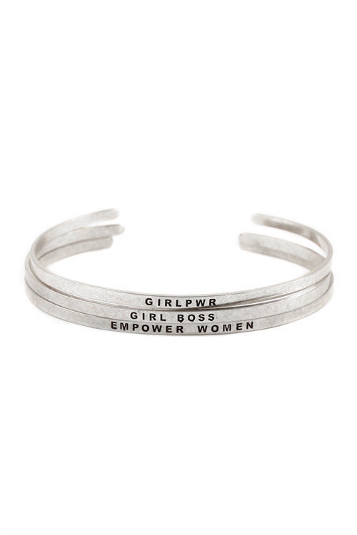 S25-4-1-PBA775WS - "GIRL POWER AND EMPOWER WOMEN" BANGLE BRACELET SET - MATTE SILVER/6PCS