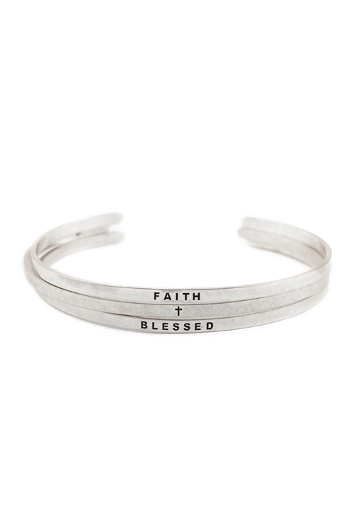 S15-13-3-PBA778WS - "FAITH AND BLESSED" BANGLE BRACELET SET - MATTE SILVER /6PCS
