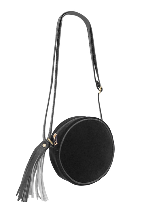 S29-6-5-PC0040-BLACK - ROUND TASSEL FASHION SLING BAG/3PCS