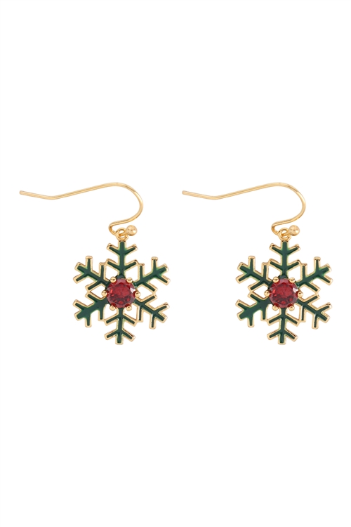 A3-2-2-PE2241GRED - SNOWFLAKE W/ CENTER  STONE CUBIC ZIRCONIA EARRING - GOLD RED/6PCS