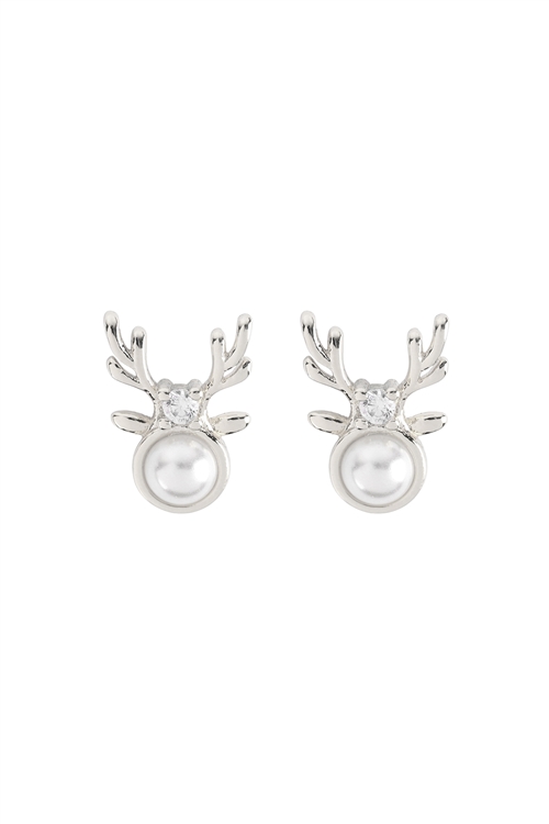 A3-2-2-PE2278RWH - REINDEER ANTLER PEARL STONE STUD EARRINGS - SILVER WHITE/6PCS