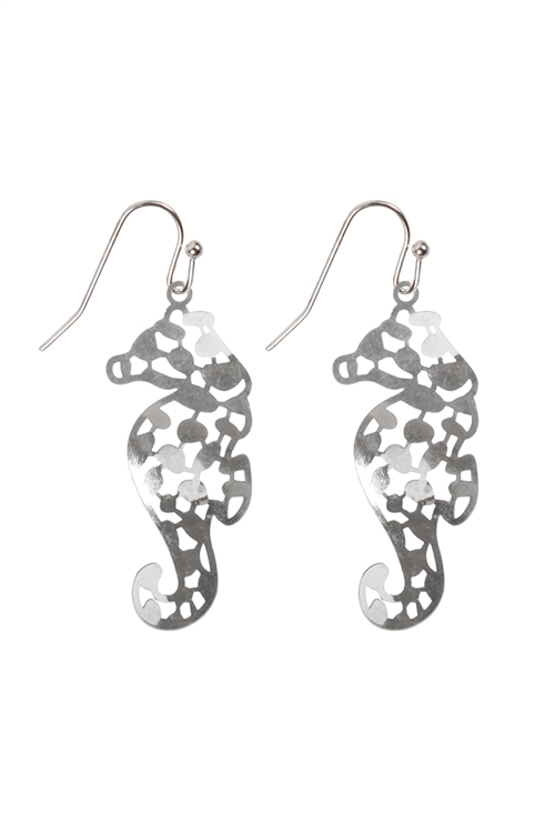 S7-4-4-PE3090WS - METAL FILIGREE SEA HORSE FISH HOOK EARRINGS - MATTE SILVER/6PCS