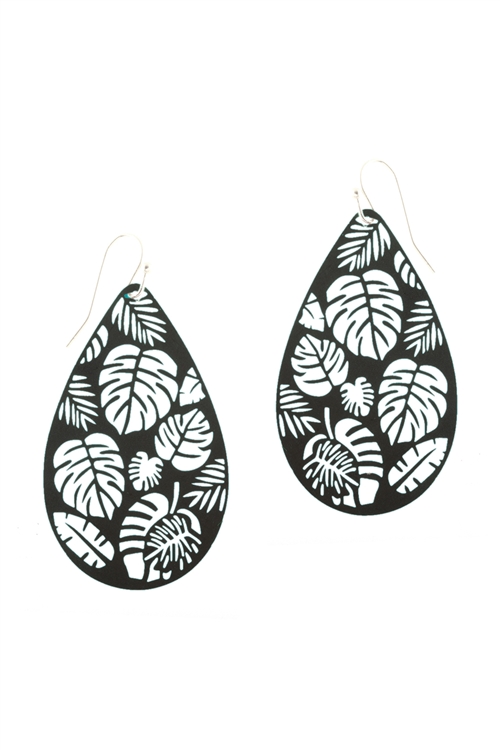 A1-1-3-PE3111PAT - METAL FILIGREE TROPICAL LEAF FISH HOOK EARRINGS-TURQUOISE/6PCS