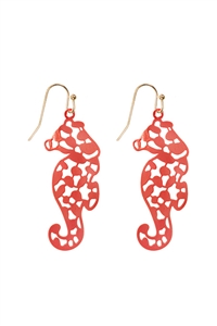 S7-6-3-PE3119WGCRL - SEA HORSE FILIGREE FISH HOOK EARRING-MATTE GOLD CORAL/1PC