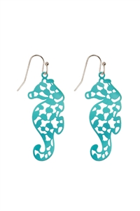 S7-6-3-PE3119WSAQA - SEA HORSE FILIGREE FISH HOOK EARRING-MATTE GOLD AQUA/1PC