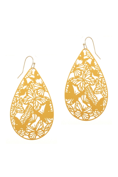 A2-2-2-PE3146WGYEW- METAL FILIGREE BUTTERFLY TEARDROP HOOK EARRINGS-YELLOW/1PC