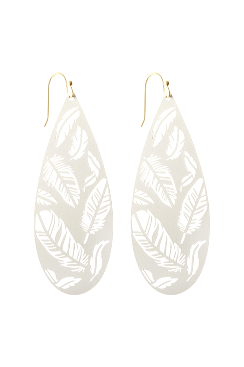 S1-5-4-PE3185WGWHT - COLORCOATED FEATHER FILIGREE FISH HOOK TEARDROP EARRIGS-WHITE/6PCS