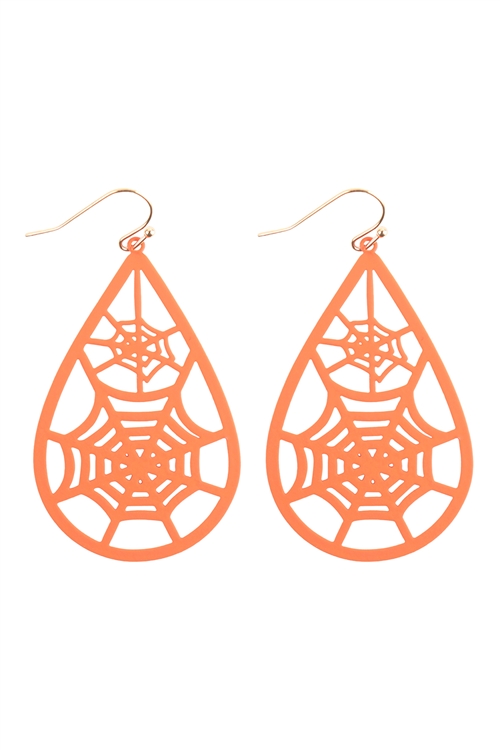 S7-6-4-PE4786GDORG - HALLOWEEN WEB FILIGREE TEARDROP EARRINGS - ORANGE/1PC