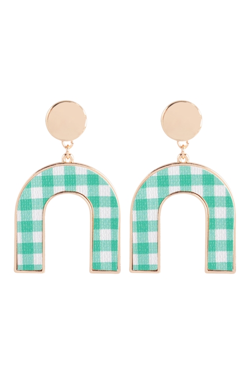 A3-2-3-PEB233GDGRN - CHECK PRINT PU U SHAPE DROP EARRINGS - GOLD GREEN/6PCS (NOW $1.50 ONLY!)