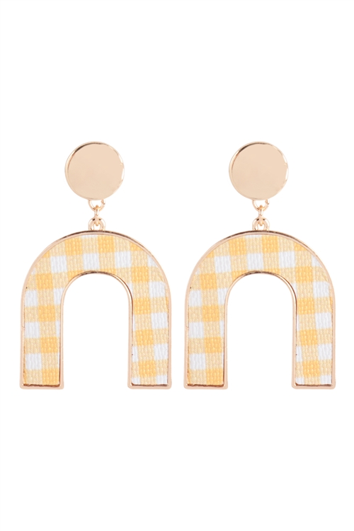 A3-2-3-PEB233GDYEW - CHECK PRINT PU U SHAPE DROP EARRINGS - GOLD YELLOW/6PCS (NOW $1.50 ONLY!)