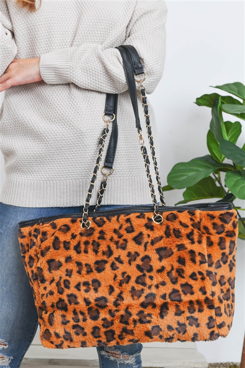 S2-6-1-PF0001TAN - LEOPARD FAUX FUR W/ ADJUSTABLE  HANDLE TOTE BAG/1PC