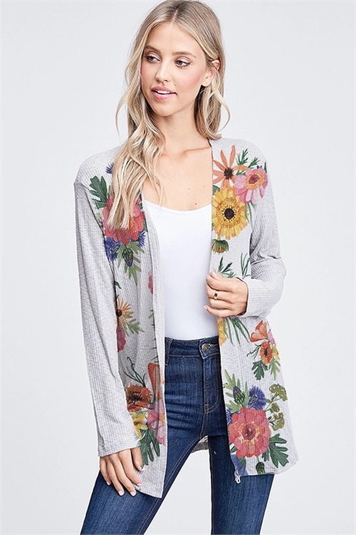 S36-1-1-PL-T722AS2106-5-GY - FLORAL PRINT RIB LONG SLEEVE CARDIGAN- GRAY -2-2-2