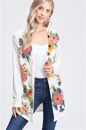 S36-1-1-PL-T722AS2106-5-ND - FLORAL PRINT RIB LONG SLEEVE CARDIGAN- NUDE -2-2-2