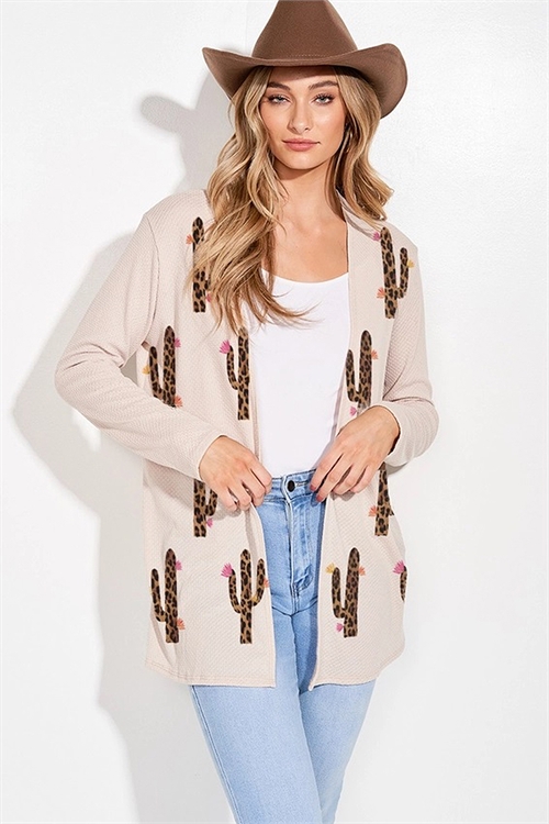 S36-1-1-PL-T722G8292-2-KHK - LEOPARD CACTUS PRINT KNIT LONG SLEEVE CARDIGAN- KHAKI -2-2-2