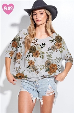 S36-1-1-PL-T744PS2078-GY - PLUS FLORAL PRINT V NECK THREE QUARTER SLEEVE TOP- GRAY -2-2-2