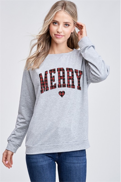 S13-1-1-T765G10544-GY - PLAID MERRY LONG SLEEVE TOP- GREY 2-2-2