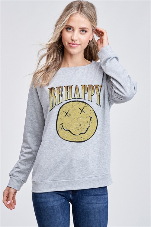 S36-1-1-PL-T765G10554-GY - BE HAPPY LONG SLEEVE TOP- GREY 2-2-2
