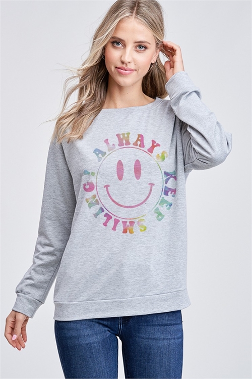 S36-1-1-PL-T765G10562A-GY - ALWAYS KEEP SMILING LONG SLEEVE TOP- GREY 2-2-2