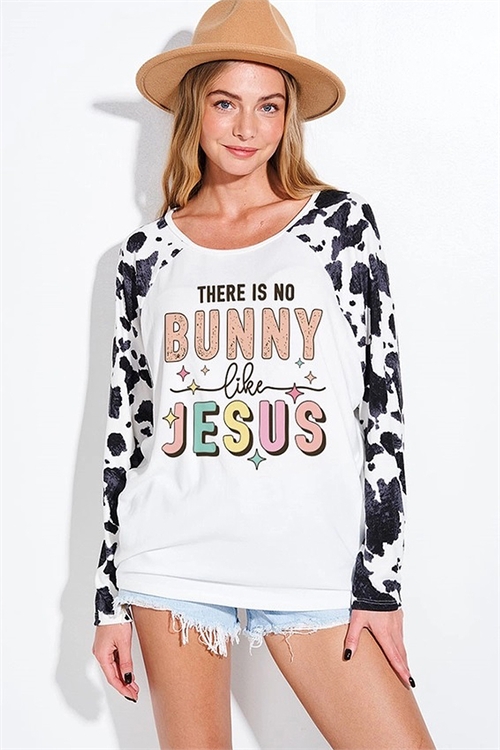 S36-1-1-PL-T786G12623-1-IVBK - EASTER JESUS LETTER PRINT ANIMAL RAGLAN SLEEVE TOP- IVORY BLACK -2-2-2