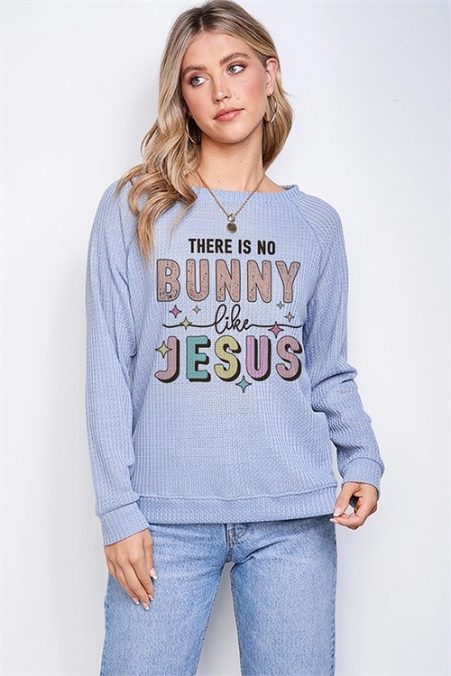 S36-1-1-PL-T801G12623-DNM - EASTER JESUS LETTERING WAFFLE SWEATSHIRT- DENIM -2-2-2