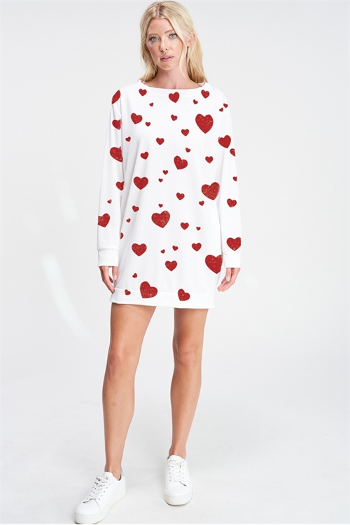 S12-1-1-T806RG10560-IV - RED HEARTH ALL OVER LONG SLEEVE TUNIC DRESS- IVORY 2-2-2