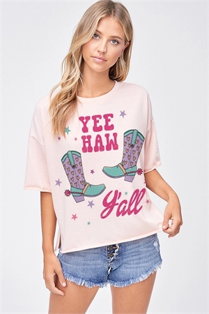 S36-1-1-PL-T831G12525A-2-BLS - YEE HAW PRINT FRENCH TERRY SIDE SLIT TOP- BLUSH -2-2-2