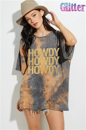 S36-1-1-PL-T969G12251A-2-CMCHR - HOWDY GLITTER PRINT TIEDYE OVER FIT TOP- CAMEL/CHARCOAL -2-2-2