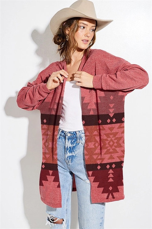 S36-1-1-PL-T970G4639WR2-7-RU - AZTEC PRINT LOOSE FIT LONG SLEEVE KNIT CARDIGAN- RUST -2-2-2
