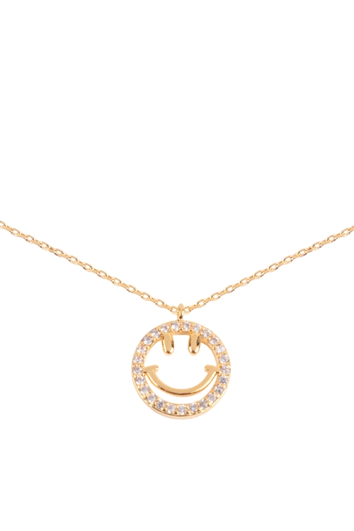 S1-1-3-PN2122GCR - SMILEY PAVE CUBIC ZIRCONIA PENDANT NECKLACE - GOLD CRYSTAL/6PCS